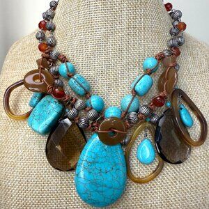 Chunky Multistrand Turquoise & Brown Statement Necklace W/ Beaded Accents Adjust
